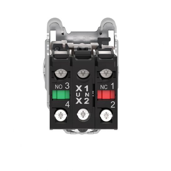 Picture of Illuminated push button, Harmony XB4, metal, green flush mounted, 30mm, universal LED, plain lens, 1NO + 1NC, 24V AC DC
