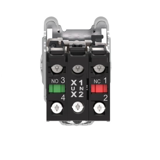 Picture of Illuminated push button, Harmony XB4, metal, orange flush mounted, 30mm, universal LED, plain lens, 1NO + 1NC, 24V AC DC