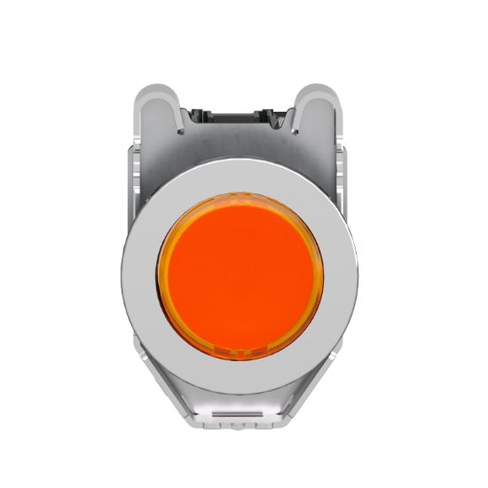 Picture of Illuminated push button, Harmony XB4, metal, orange flush mounted, 30mm, universal LED, plain lens, 1NO + 1NC, 24V AC DC