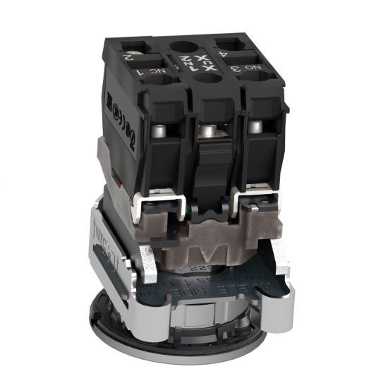 Picture of Illuminated push button, Harmony XB4, metal, orange flush mounted, 30mm, universal LED, plain lens, 1NO + 1NC, 24V AC DC