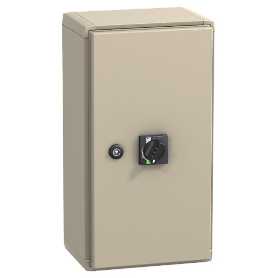 Picture of steel enclosure, ComPact NSX400, with black extended rotary handle, IP55, IK08