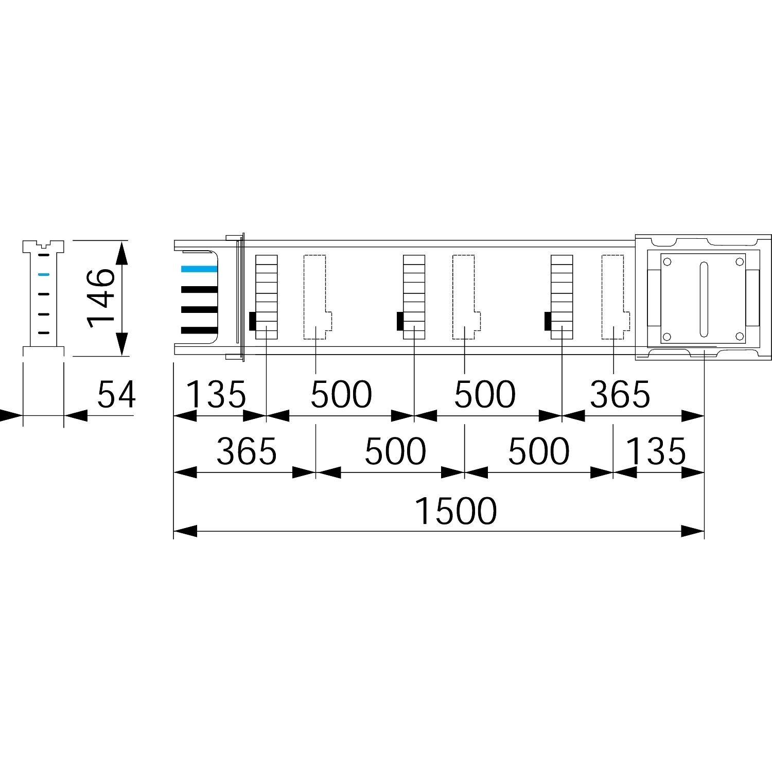 Picture of Horizontal distribution length, Canalis KSA400, aluminium, 400A, fixed length 1.5m, 6 outlets, 3L+N+PE, white RAL9001
