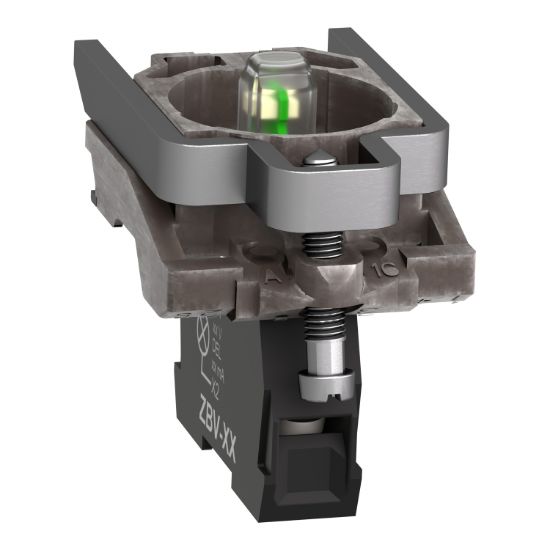 Picture of Light block with body fixing collar, Harmony XB4, metal, green, integral LED, 12V AC DC