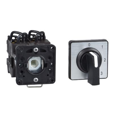 Picture of Cam changeover switch, Harmony K, multifixing, plastic, 1 pole, 2 positions, 30 degree, 12A, 45x45mm, metallic legend, marked 1/2, 35mm black handle