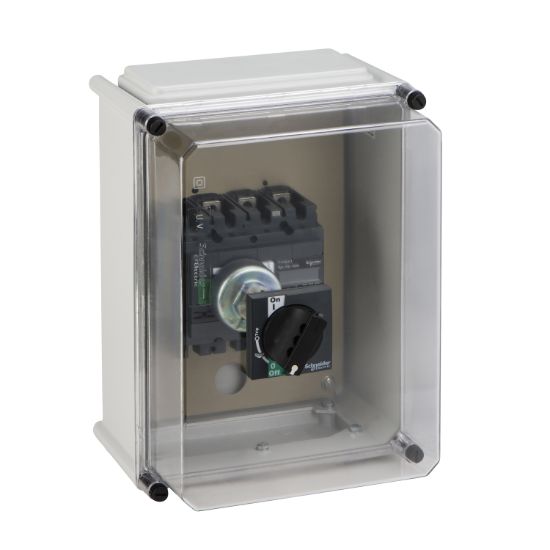 Picture of polyester insulated enclosure, ComPact NSX100/160, with black extended rotary handle, IP55, IK08