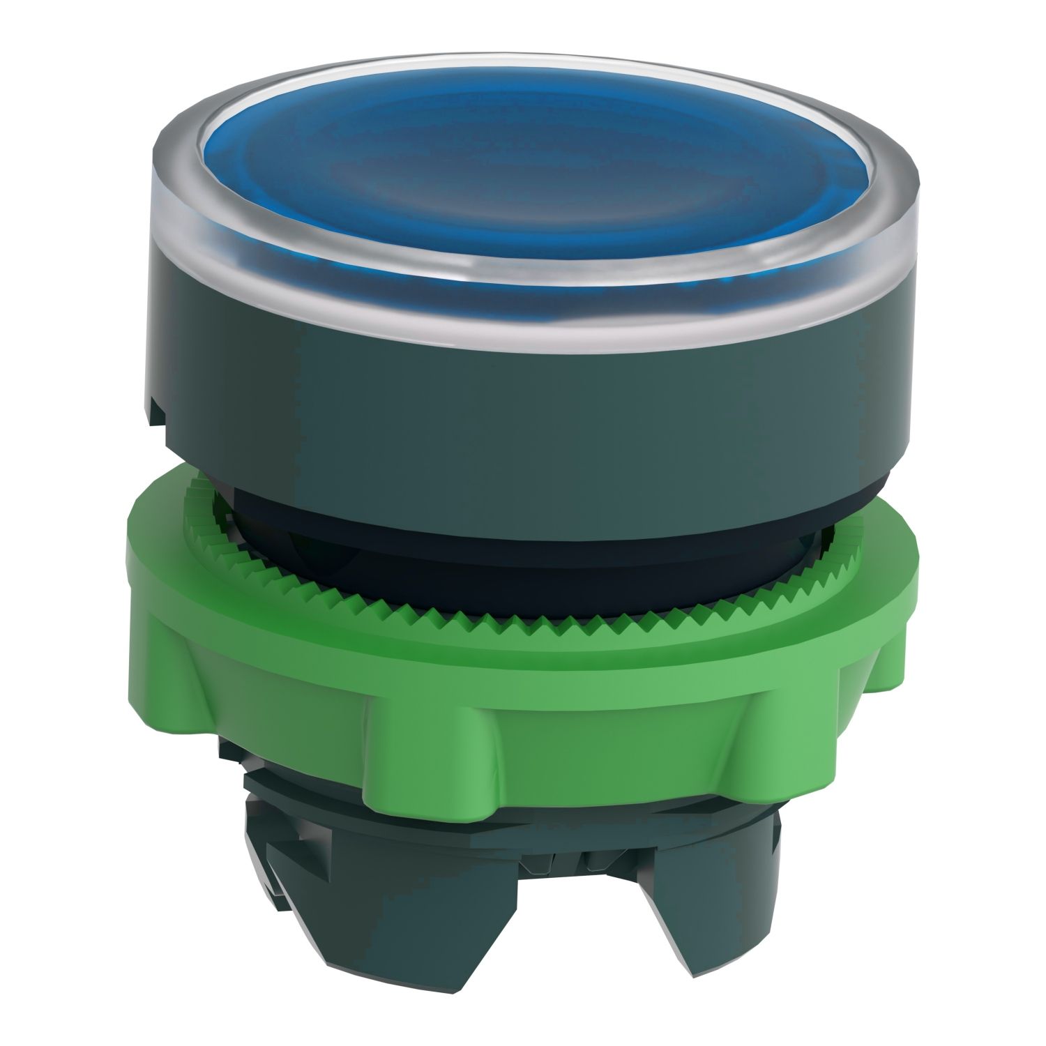 Picture of Head for illuminated push button, Harmony XB5, plastic, blue flush, 22mm, universal LED, spring return, plain lens