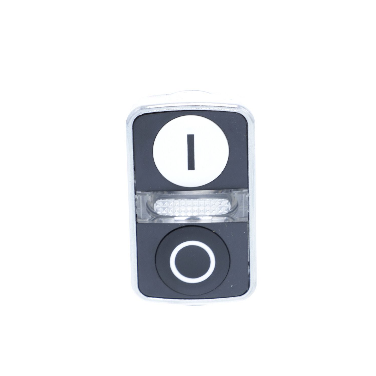 Picture of Illuminated double headed push button head, Harmony XB4, metal, 22mm, 1 white flush marked I + 1 pilot light + 1 black flush marked O
