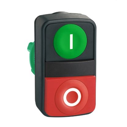 Picture of Head for double headed push button, Harmony XB5, 1 green flush, 1 red projecting, 22mm, spring return, unmarked