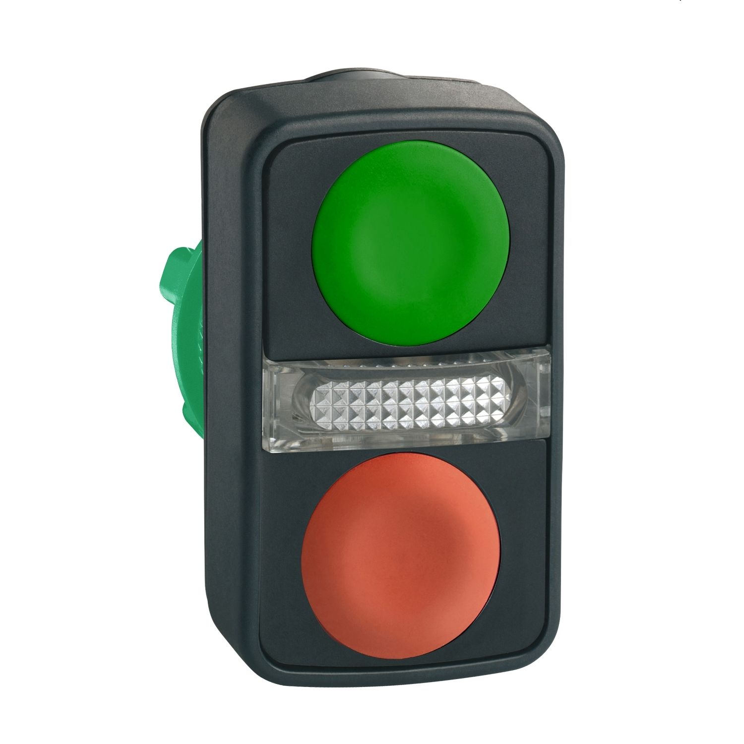 Picture of Illuminated double headed push button head, Harmony XB5, plastic, 22mm, 1 green flush + 1 pilot light + 1 red flush, unmarked
