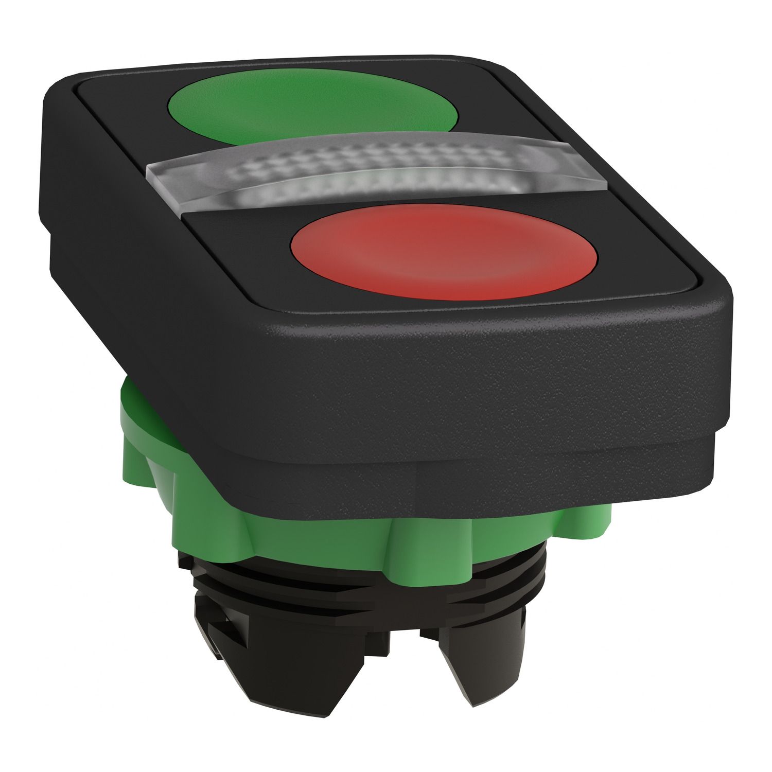 Picture of Illuminated double headed push button head, Harmony XB5, plastic, 22mm, 1 green flush + 1 pilot light + 1 red flush, unmarked