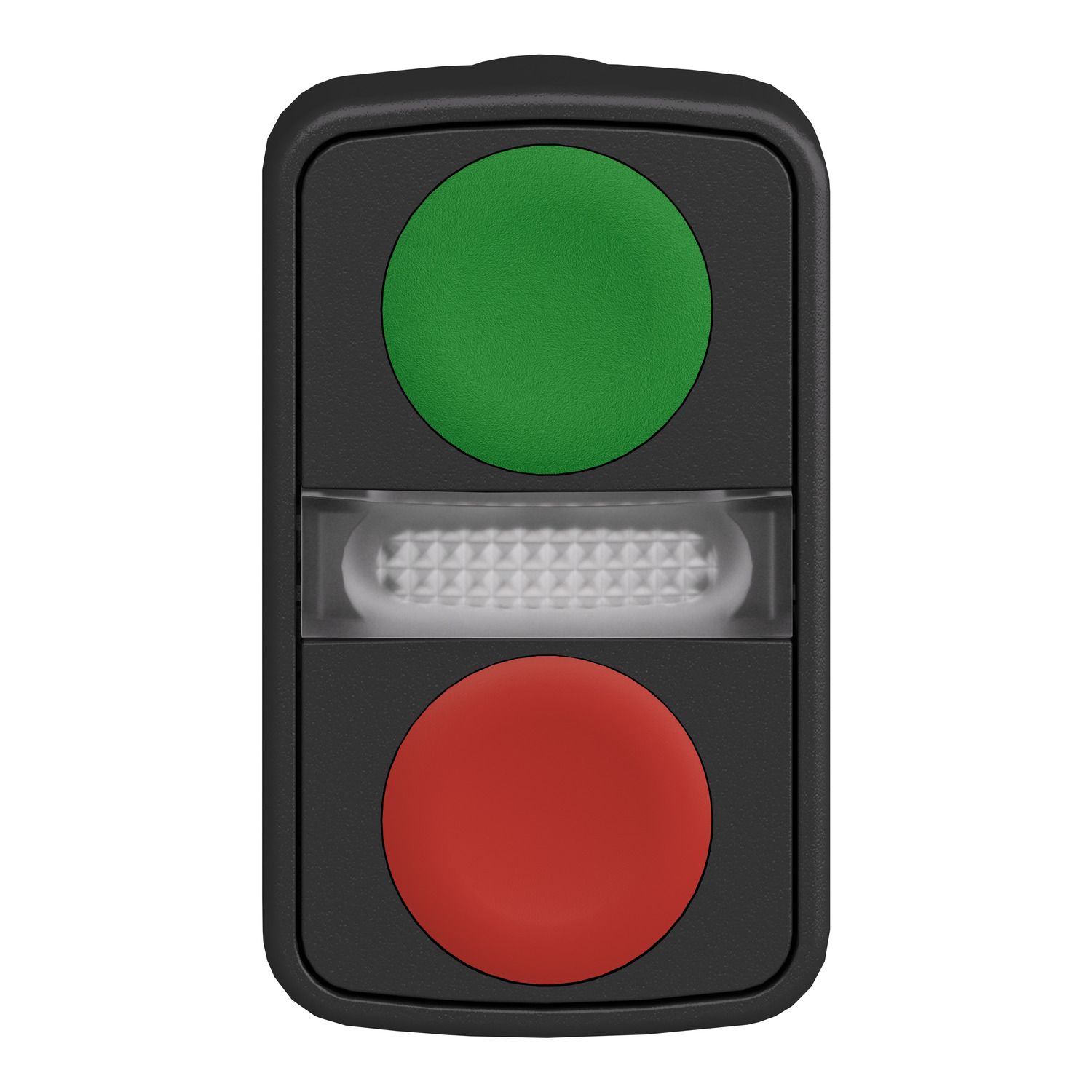 Picture of Illuminated double headed push button head, Harmony XB5, plastic, 22mm, 1 green flush + 1 pilot light + 1 red flush, unmarked