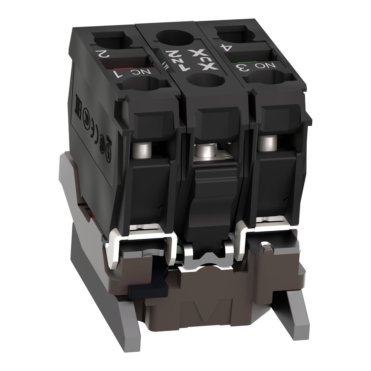 Picture of Complete body contact assembly and light block, Harmony XB4, metal, universal LED, body fixing collar, 1NO + 1NC, 110...120V AC