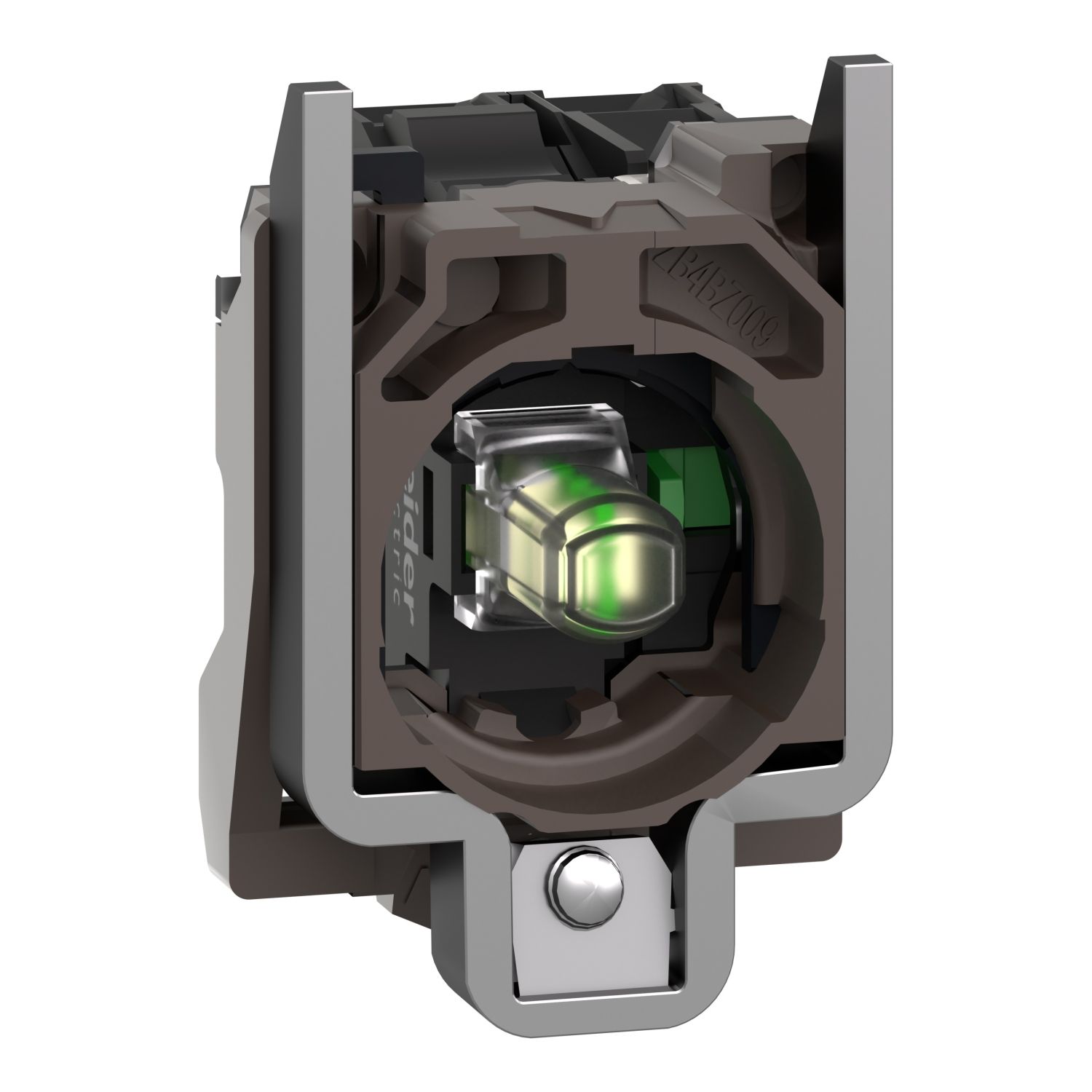 Picture of Complete body/contact assembly and light block, Harmony XB4, metal, universal LED, body/fixing collar, 1NO, 24V AC DC