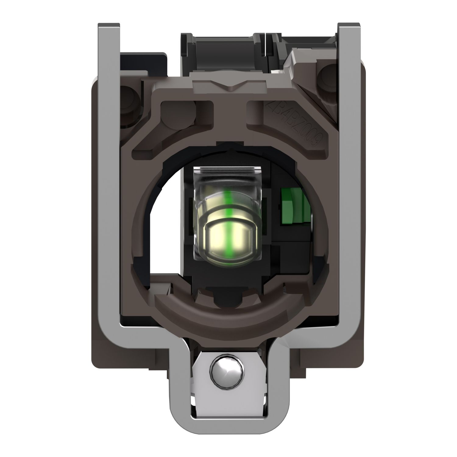 Picture of Complete body/contact assembly and light block, Harmony XB4, metal, universal LED, body/fixing collar, 1NO, 24V AC DC