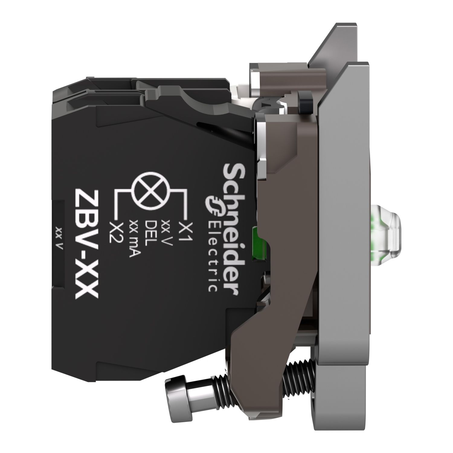 Picture of Complete body/contact assembly and light block, Harmony XB4, metal, universal LED, body/fixing collar, 1NO, 24V AC DC