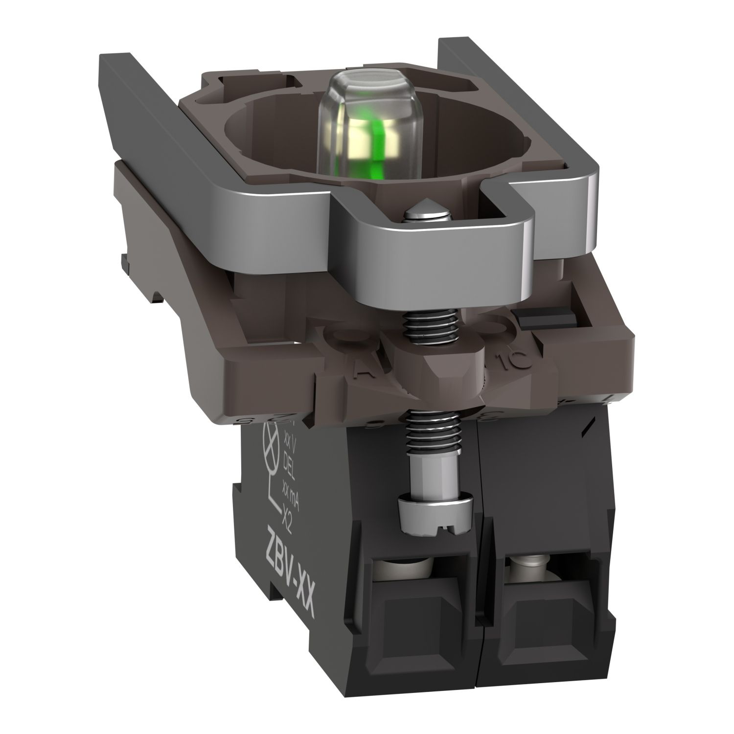 Picture of Complete body contact assembly and light block, Harmony XB4, metal, universal LED, body fixing collar, 1NO, 110...120V AC