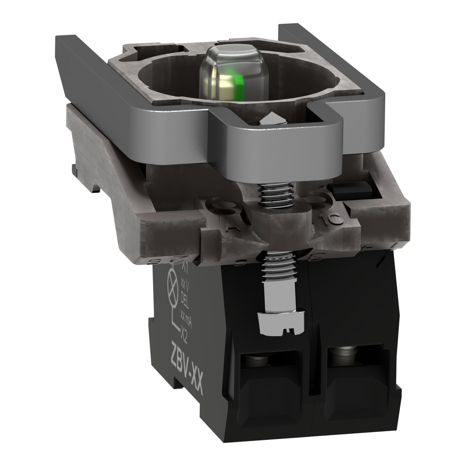 Picture of Complete body/contact assembly and light block, Harmony XB4, universal LED, body/fixing collar, 1NC, 230...240V