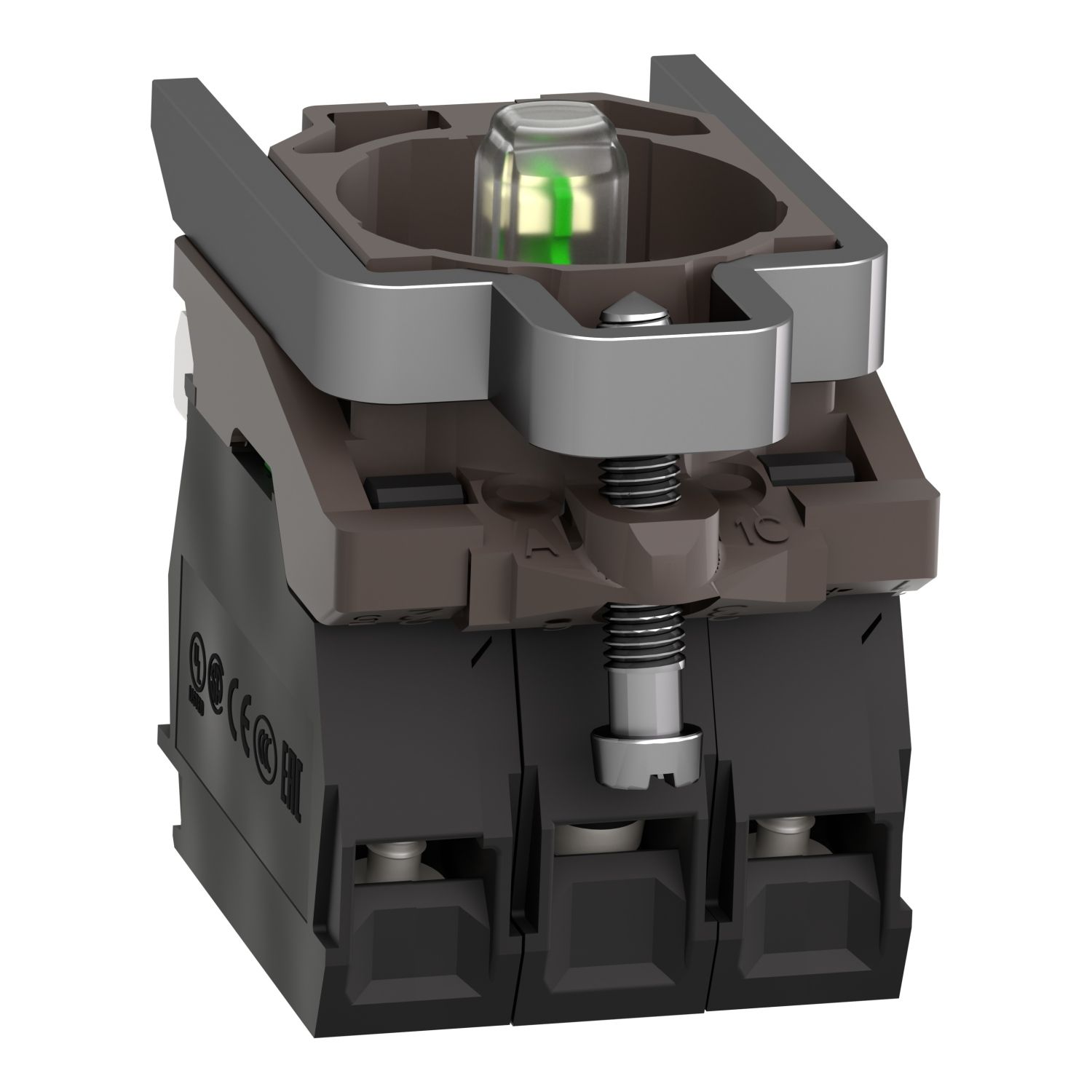 Picture of Complete body contact assembly and light block, Harmony XB4, metal, universal LED, body fixing collar, 2NO, 24V AC DC