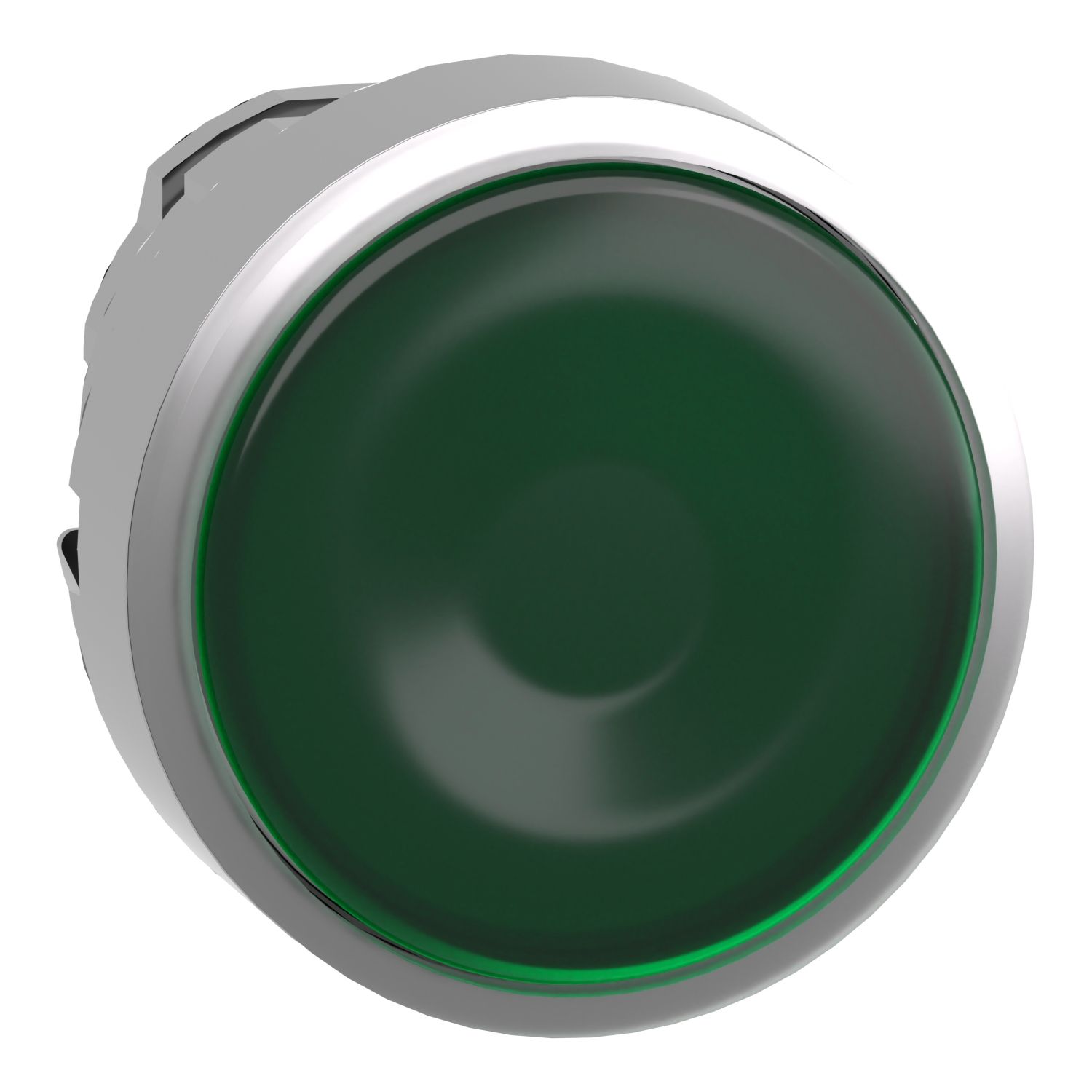 Picture of Head for illuminated push button, Harmony XB4, metal, green flush, 22mm, universal LED, spring return, plan lens