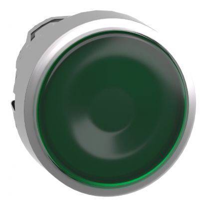 Picture of Head for illuminated push button, Harmony XB4, metal, green flush, 22mm, universal LED, spring return, plan lens