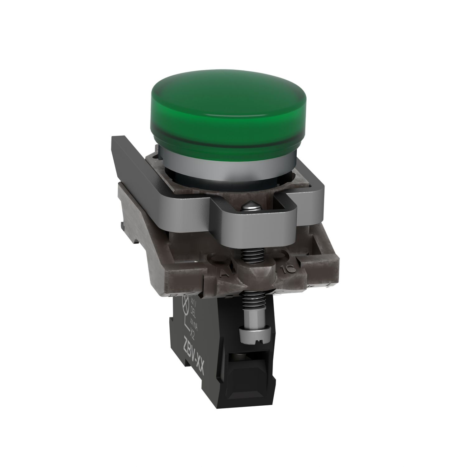 Picture of Pilot light, Harmony XB4, grey plastic, green, 22mm, universal LED, plain lens, 230...240V AC