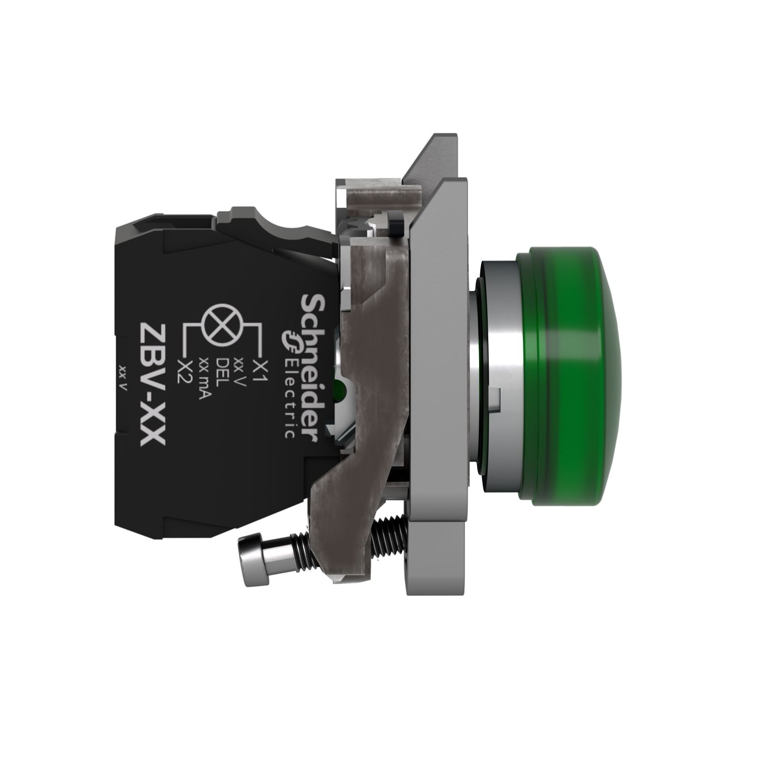 Picture of Pilot light, Harmony XB4, grey plastic, green, 22mm, universal LED, plain lens, 230...240V AC