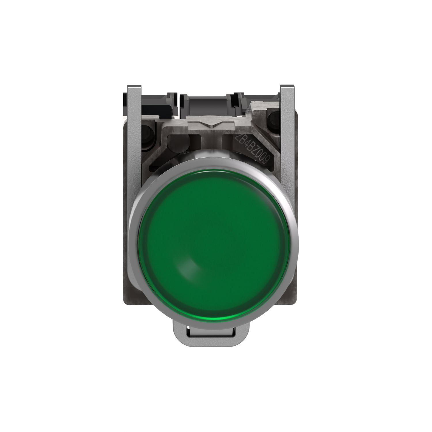 Picture of Illuminated push button, Harmony XB4, metal, green flush, 22mm, universal LED, plain lens, 1NO + 1NC, 24V AC DC