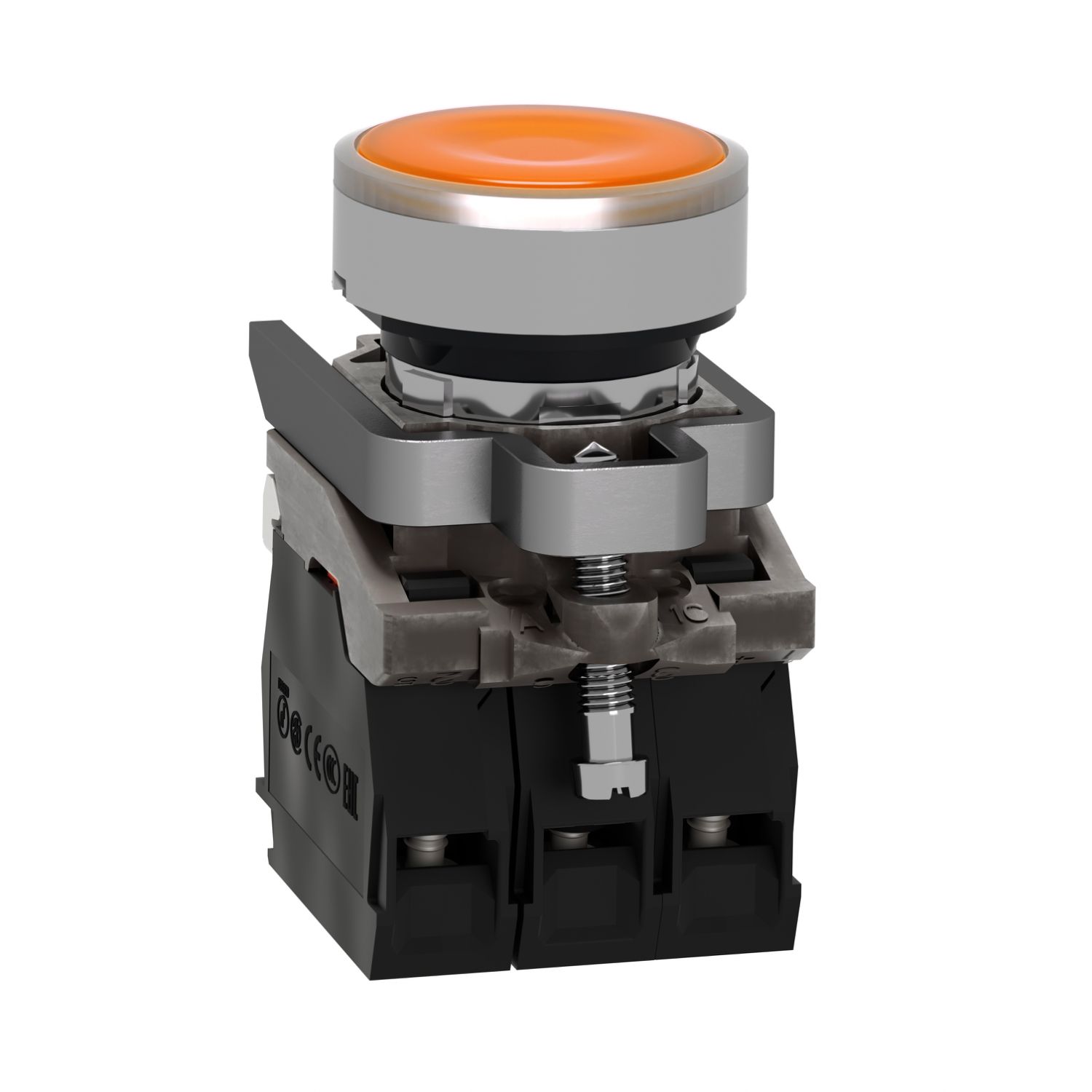 Picture of Illuminated push button, Harmony XB4, metal, orange flush, 22mm, universal LED, plain lens, 1NO + 1NC, 24V AC DC