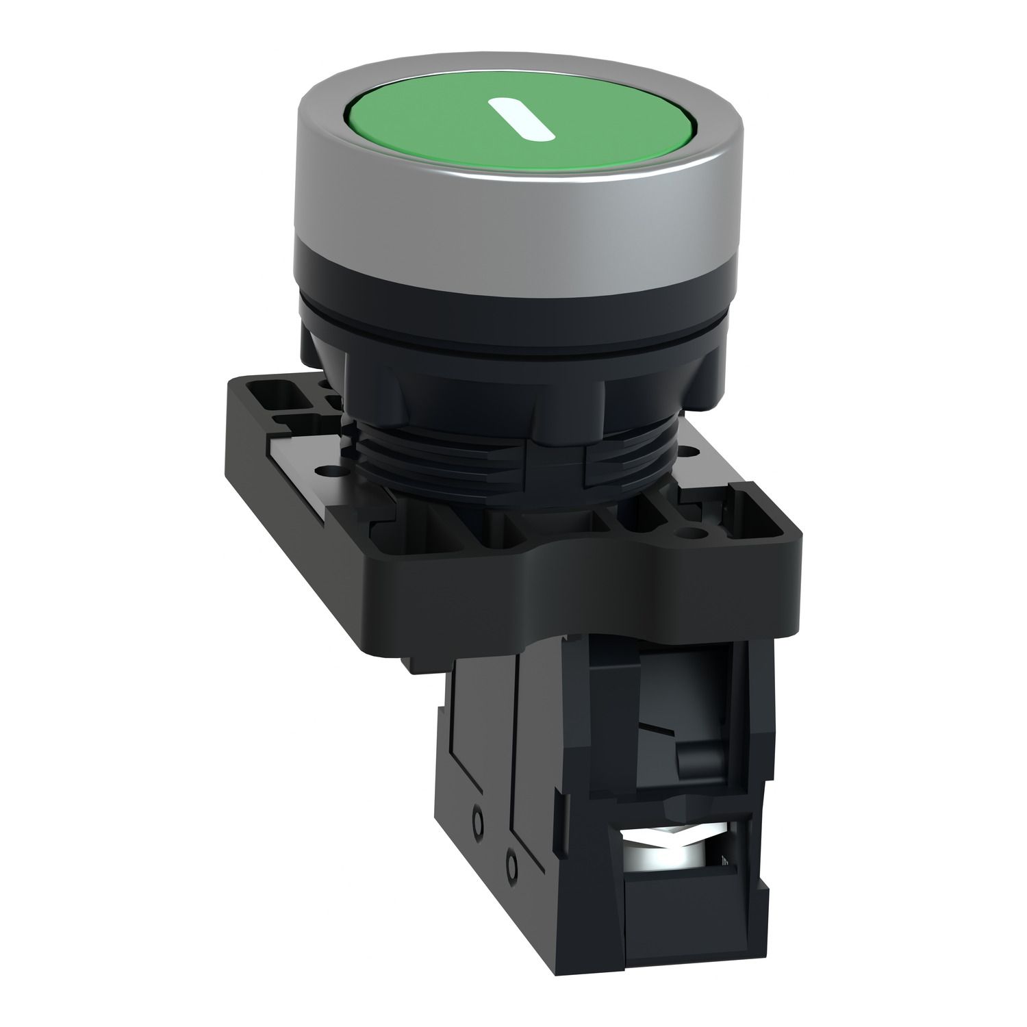 Picture of Complete push button, Easy Harmony XA2, plastic, flush, green, 22mm, spring return, marked I, 1NO
