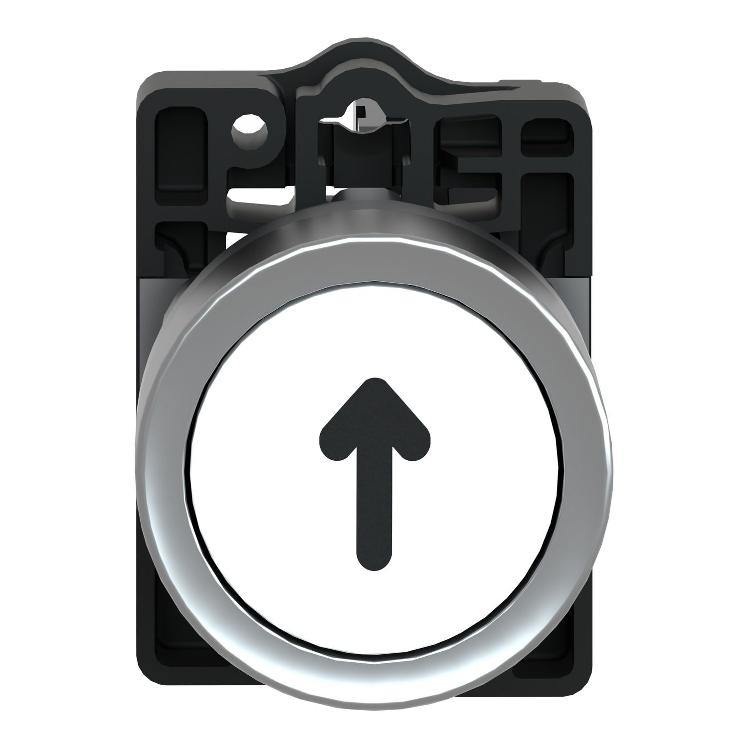 Picture of Complete push button, Easy Harmony XA2, plastic, flush, white, 22mm, spring return, marked UP ARROW, 1NO