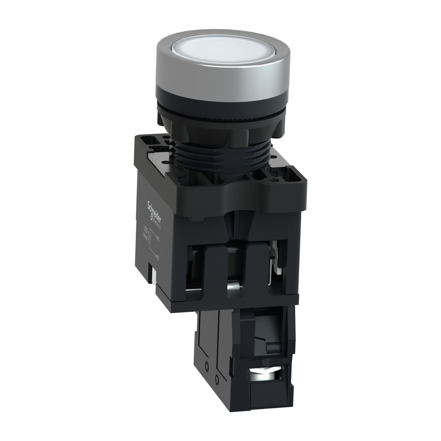 Picture of Complete illuminated push button, Easy Harmony XA2, plastic, flush, white, 22mm, spring return, 380V AC, 1NO