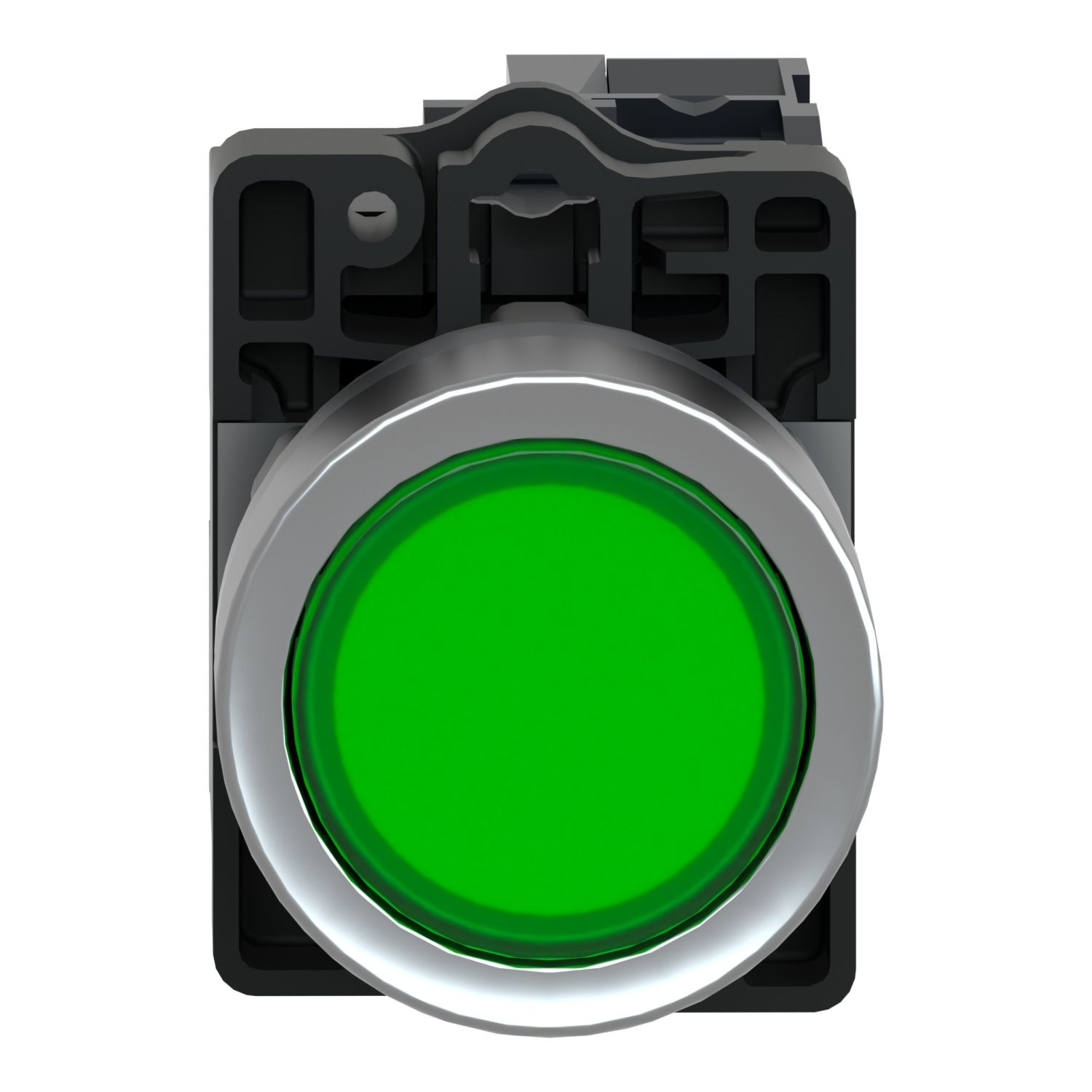 Picture of Complete illuminated push button, Easy Harmony XA2, plastic, flush, green, 22mm, spring return, 220V AC, 1NO