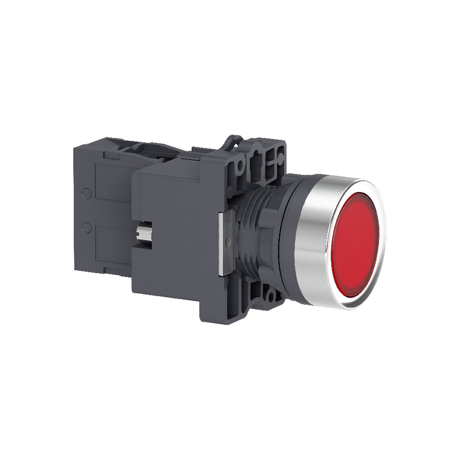 Picture of Complete illuminated push button, Easy Harmony XA2, plastic, flush, red, 22mm, spring return, 24V AC DC, 1NC