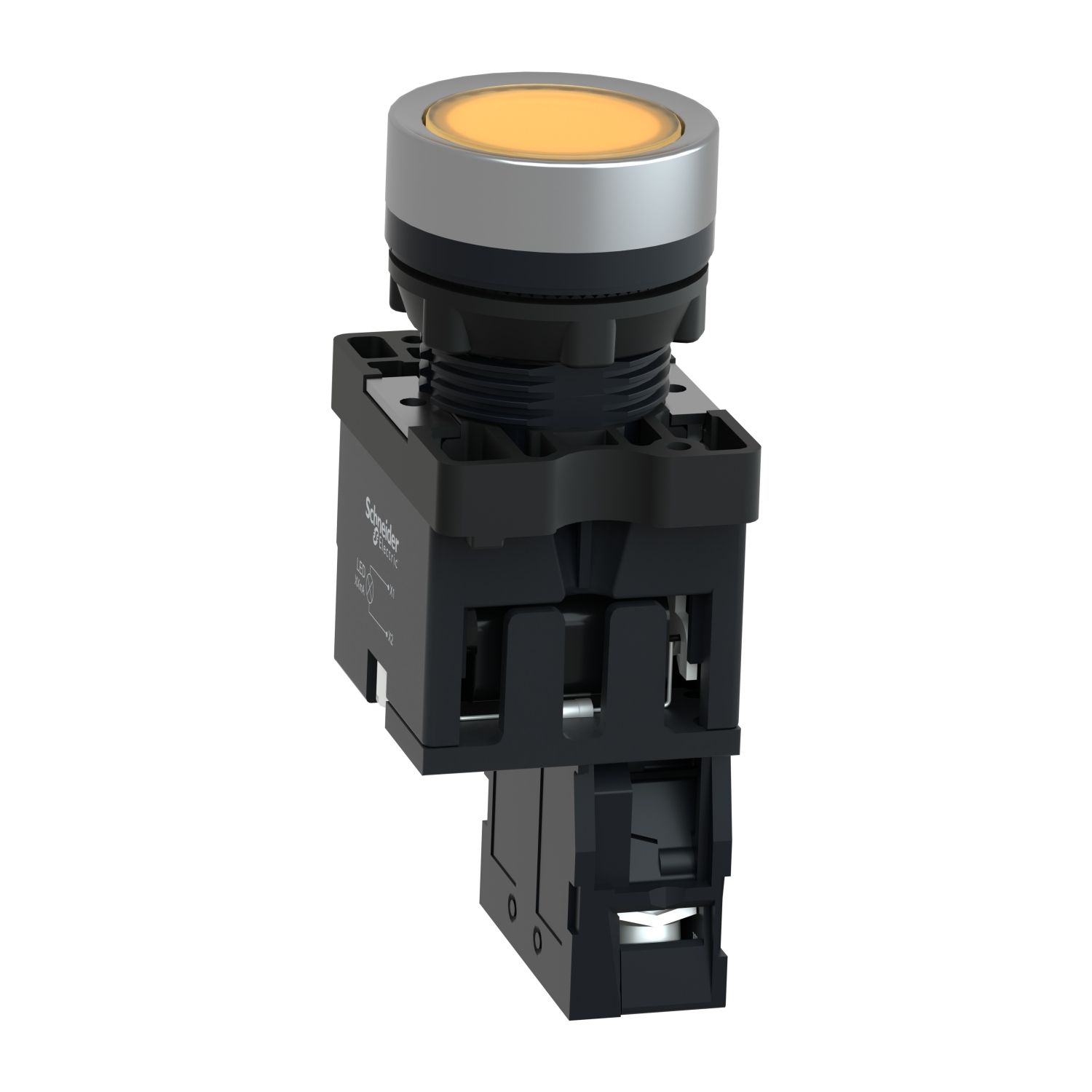 Picture of Complete illuminated push button, Easy Harmony XA2, plastic, flush, amber, 22mm, spring return, 220V AC, 1NO