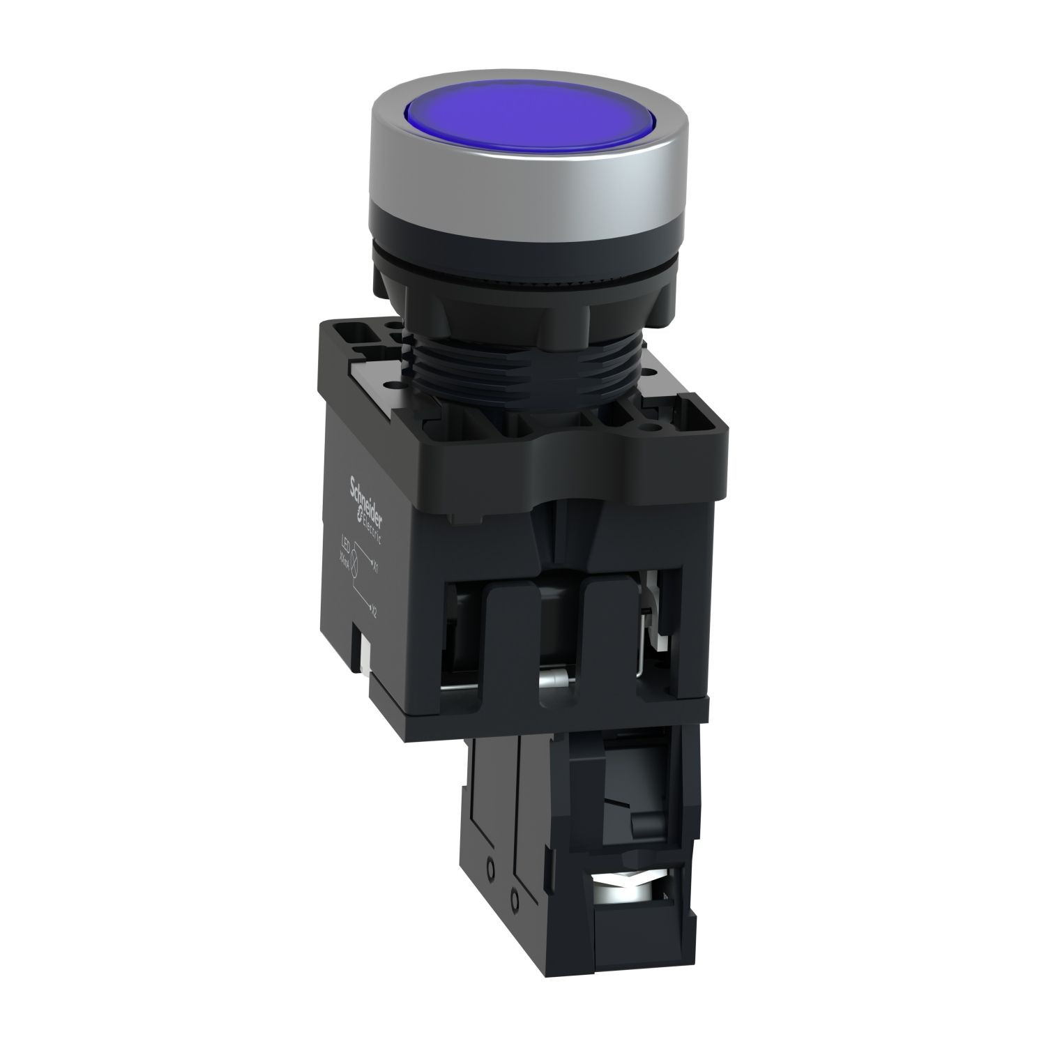 Picture of Complete illuminated push button, Easy Harmony XA2, plastic, flush, blue, 22mm, spring return, 220V AC, 1NO