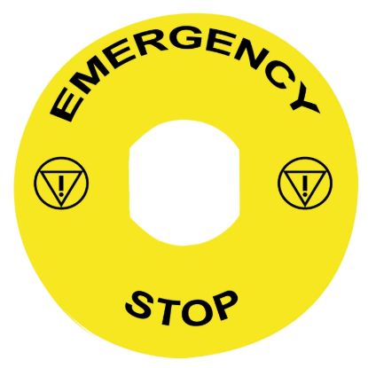 Picture of Marked legend, Harmony XB4, plastic, yellow, 90mm, for emergency stop, marked EMERGENCY STOP with logo ISO13851