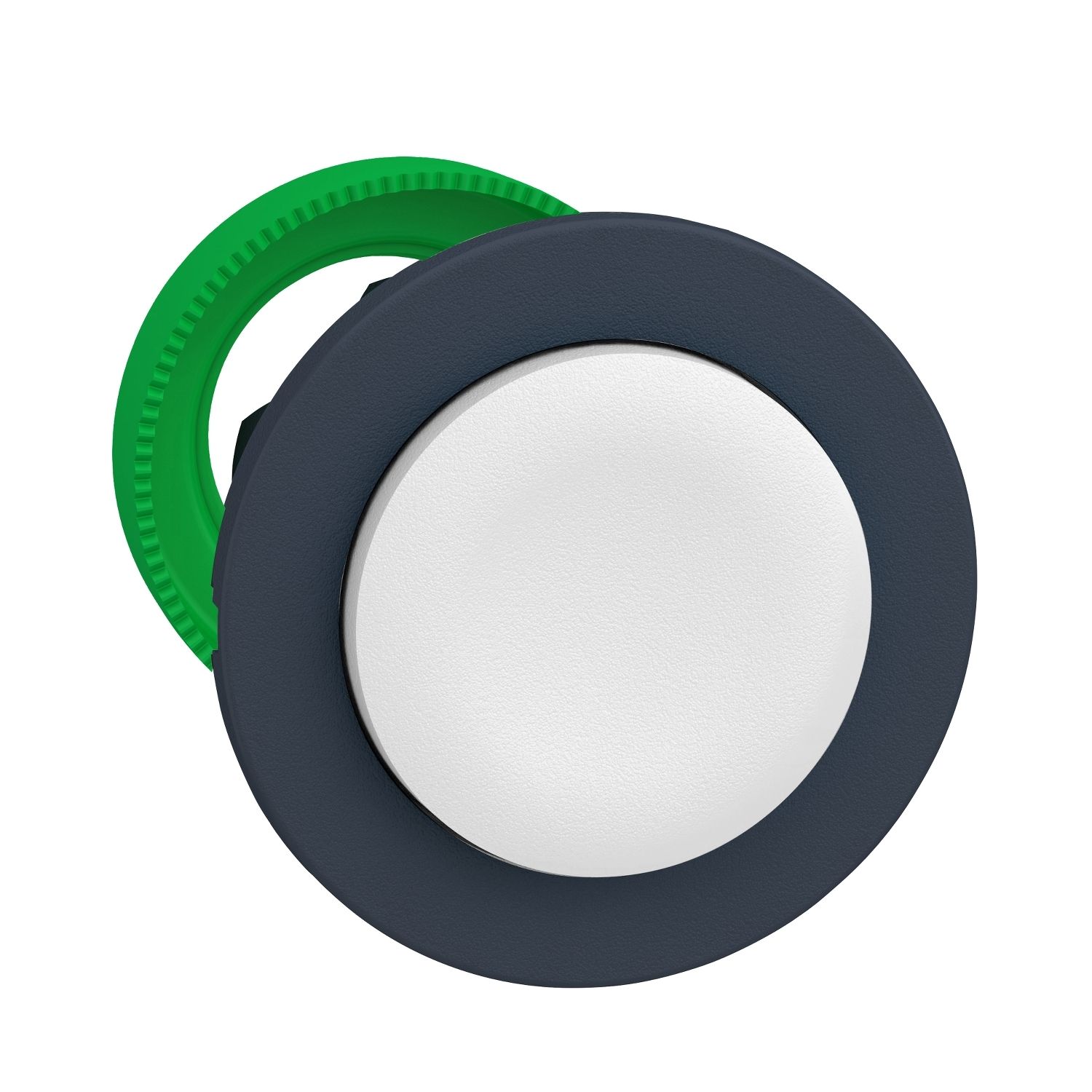 Picture of Harmony XB5, Antimicrobial Flush mounted push button head, plastic, projecting, white, 30mm, spring return, unmarked, dark grey bezel