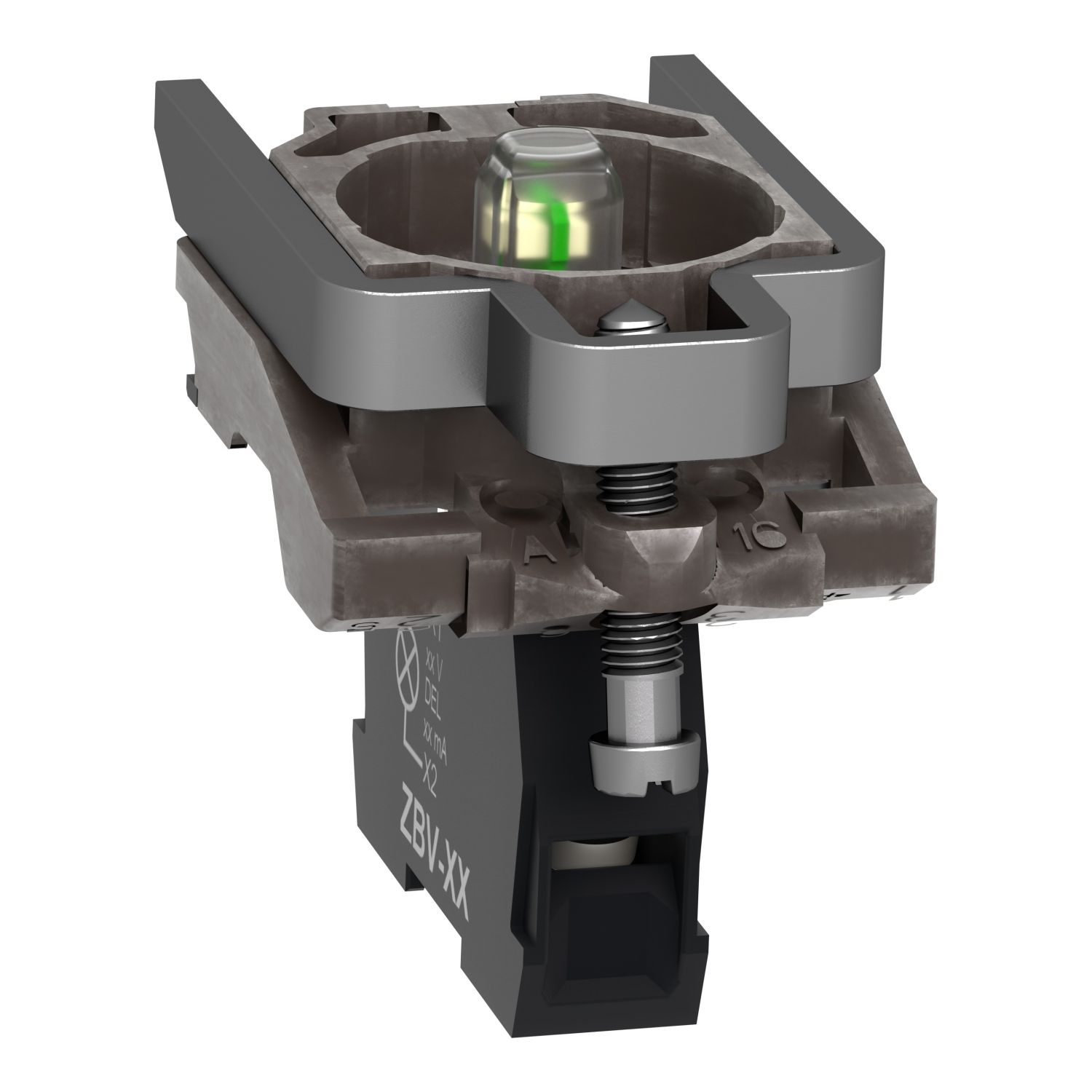 Picture of Complete body light block assembly, Harmony XB4, metal, universal LED, body fixing collar, 24...120V AC DC