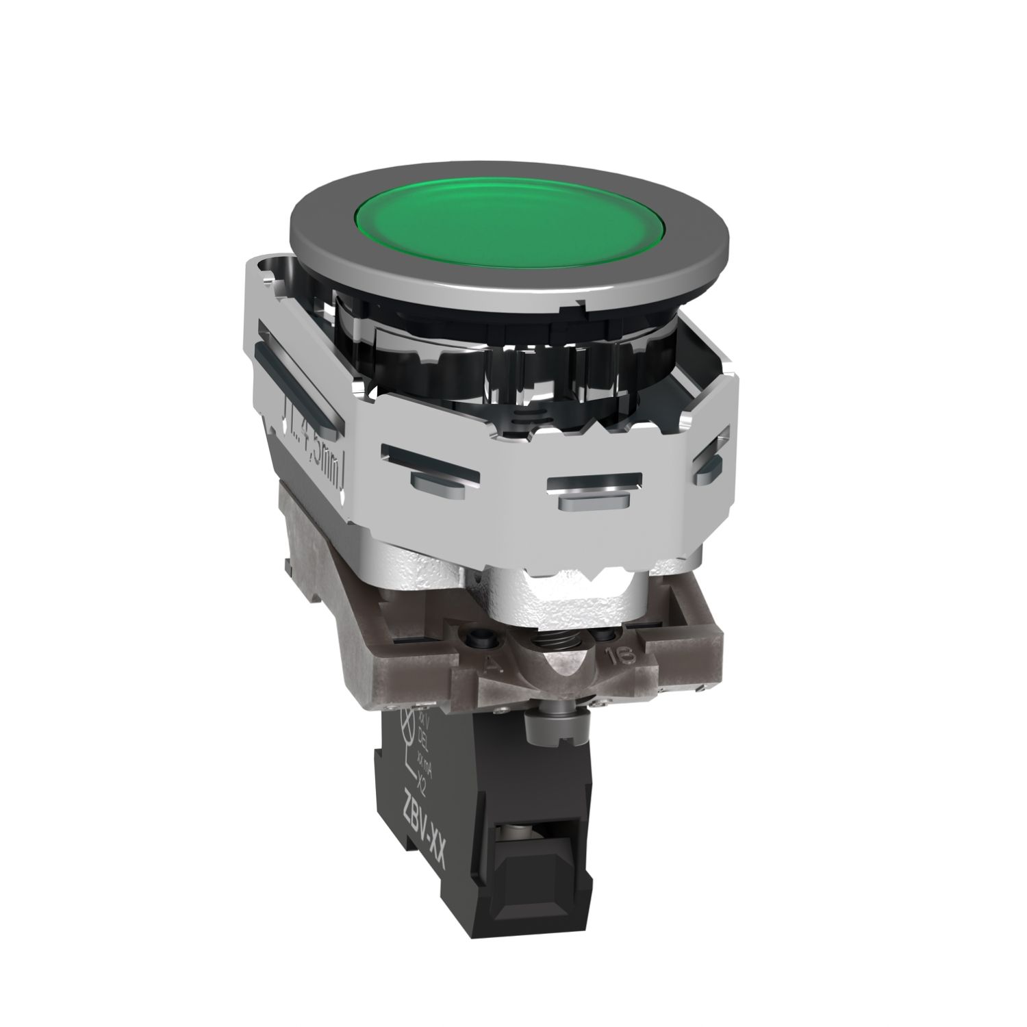 Picture of Pilot light, Harmony XB4,metal, green flush mounted, 30mm, universal LED, plain lens, 24V AC DC