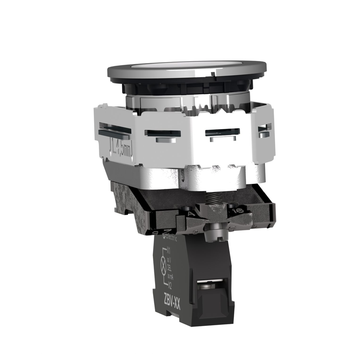 Picture of Pilot light, Harmony XB4,metal, white flush mounted, 30mm, universal LED, plain lens, 110...120V AC