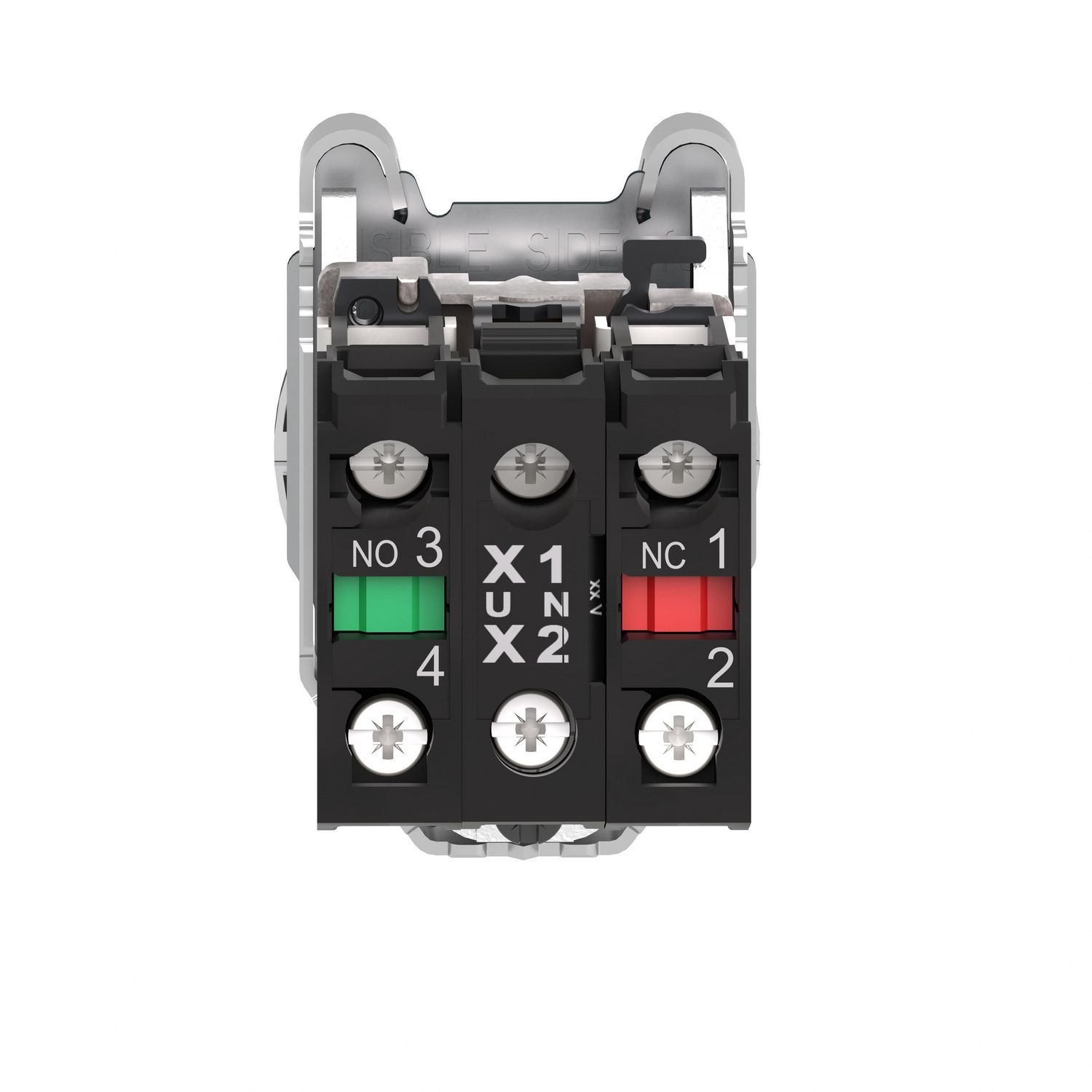 Picture of Illuminated push button, Harmony XB4, metal, green flush mounted, 30mm, universal LED, plain lens, 1NO + 1NC, 24V AC DC