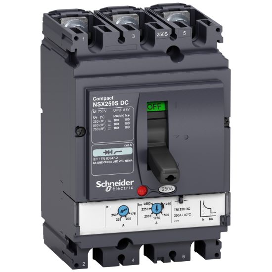 Picture of Circuit breaker, ComPact NSX250S DC, 100kA/750VDC, TM-DC trip unit, 250A rating, 3 poles