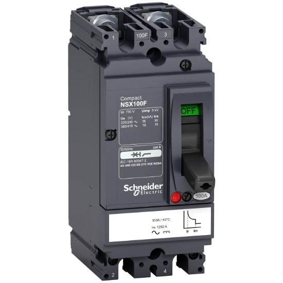 Picture of Circuit breaker, ComPact NSX100F AC/DC, 18kA/415VAC, TMD trip unit 16A, 2 poles 2d