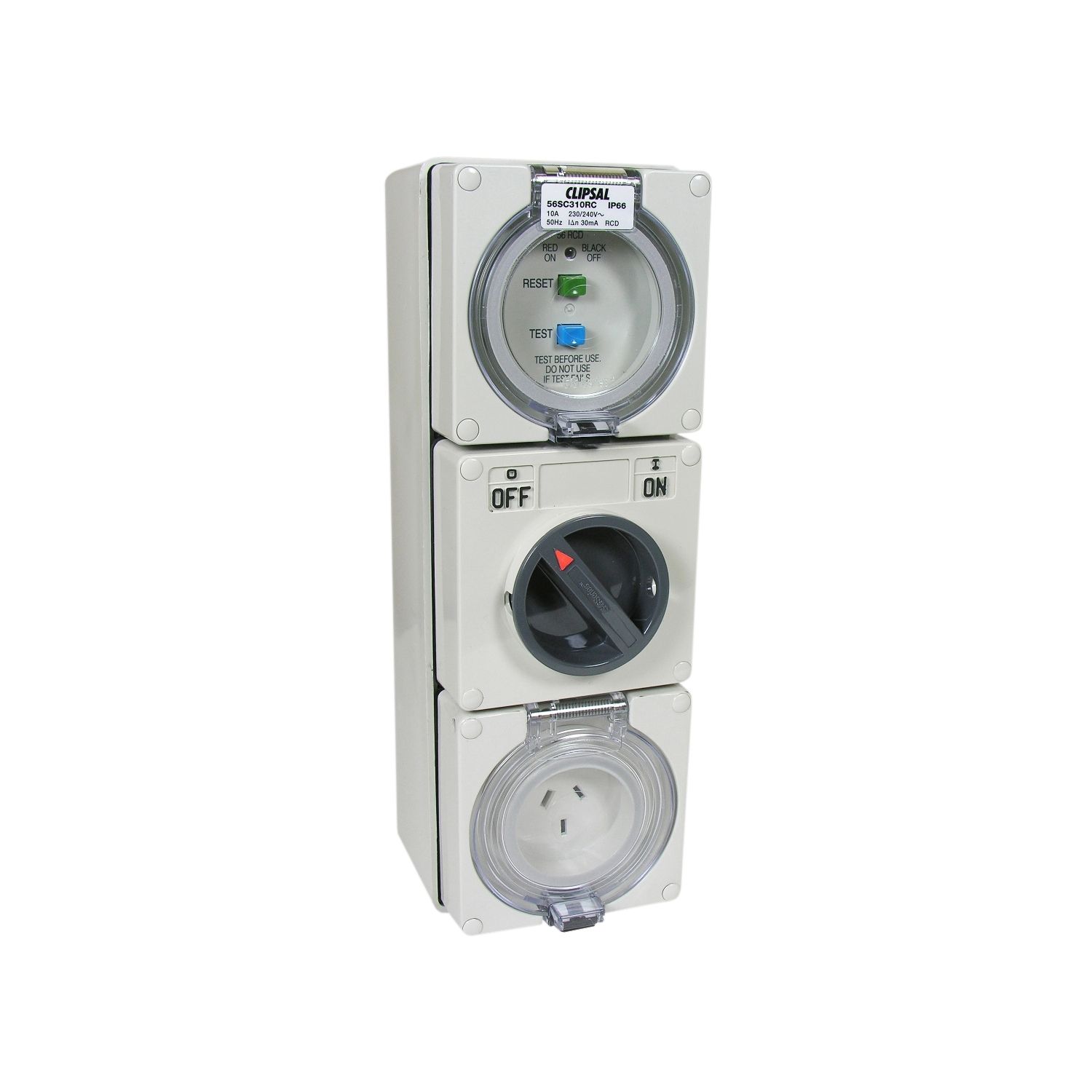 Picture of RCD Protected Switched Socket Outlet, Clipsal - 56 Series, 250V 10A, 3 Flat PIN IP66, 1 Pole, 30mA RCD
