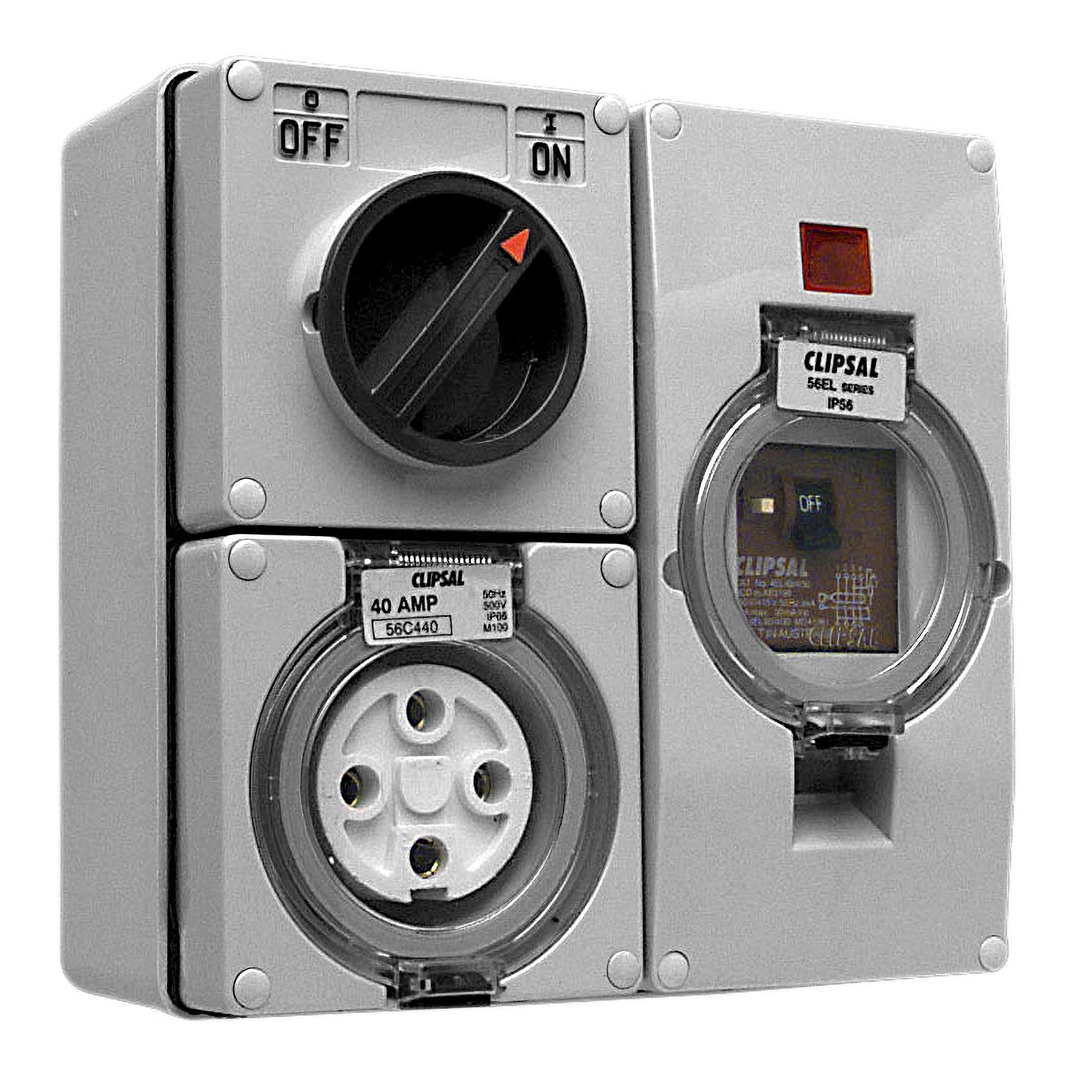 Picture of RCD Protected Switched Socket Outlet, Clipsal - 56 Series, 500V 32A, 4 Round PIN IP66 3 Pole, 30mA RCD