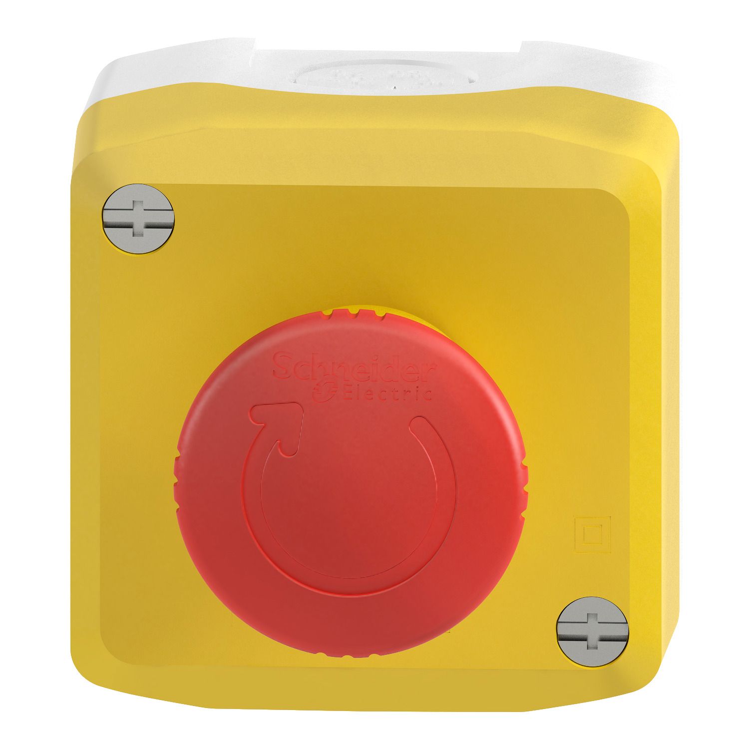Picture of Complete control station, Harmony XALD, XALK, plastic, yellow lid, 1 red mushroom push button 40mm, turn to release, 2NC