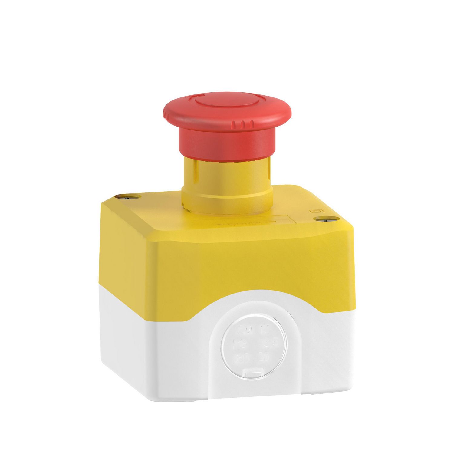 Picture of Control station, Harmony XALD XALK, plastic, yellow lid, 1 red mushroom push button 40mm, turn to release, 1NC
