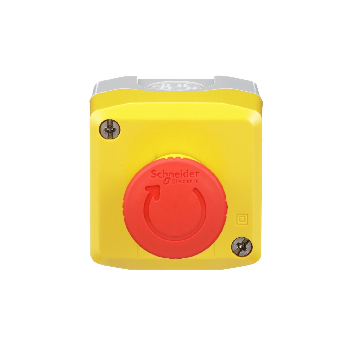 Picture of Control station, Harmony XALD XALK, plastic, yellow lid, 1 red mushroom push button 40mm, turn to release, 1NC
