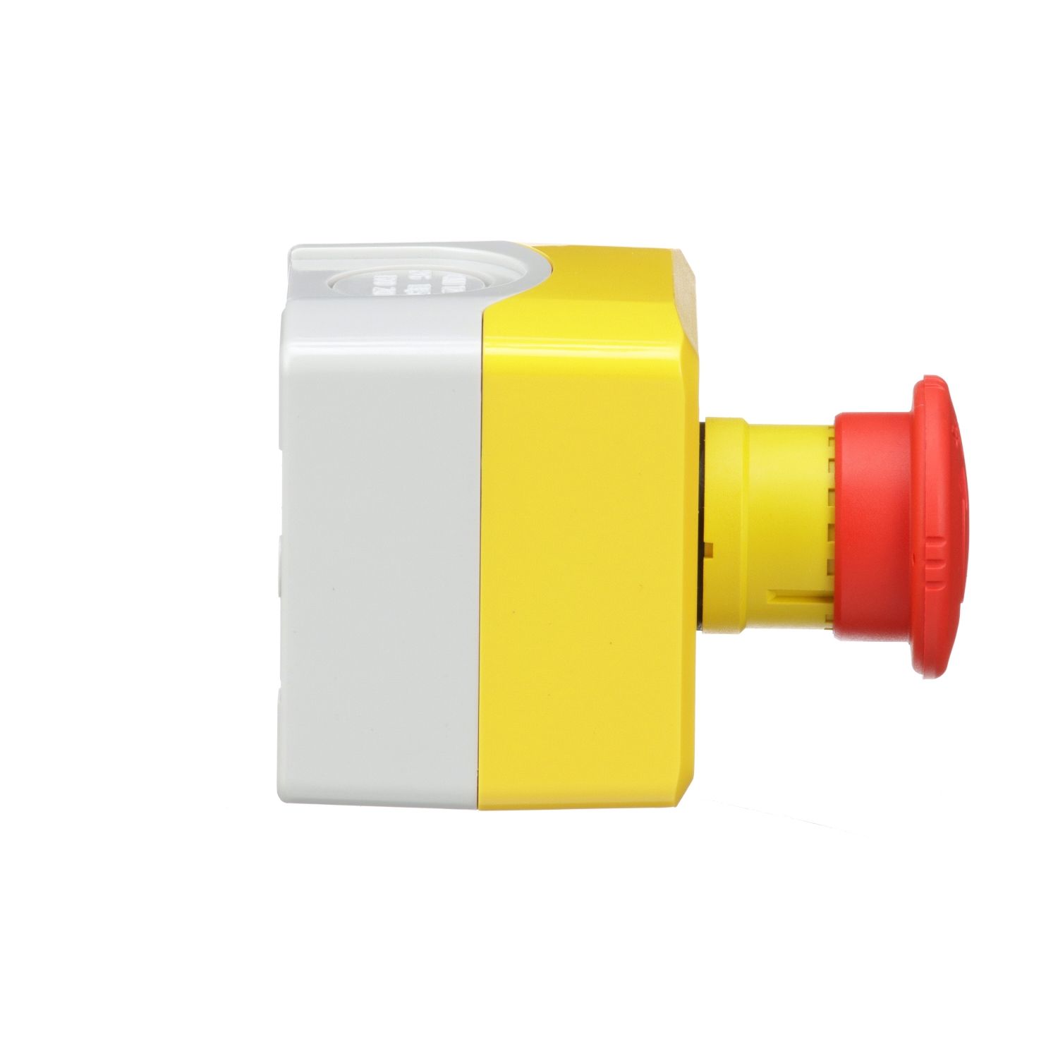 Picture of Control station, Harmony XALD XALK, plastic, yellow lid, 1 red mushroom push button 40mm, turn to release, 1NC