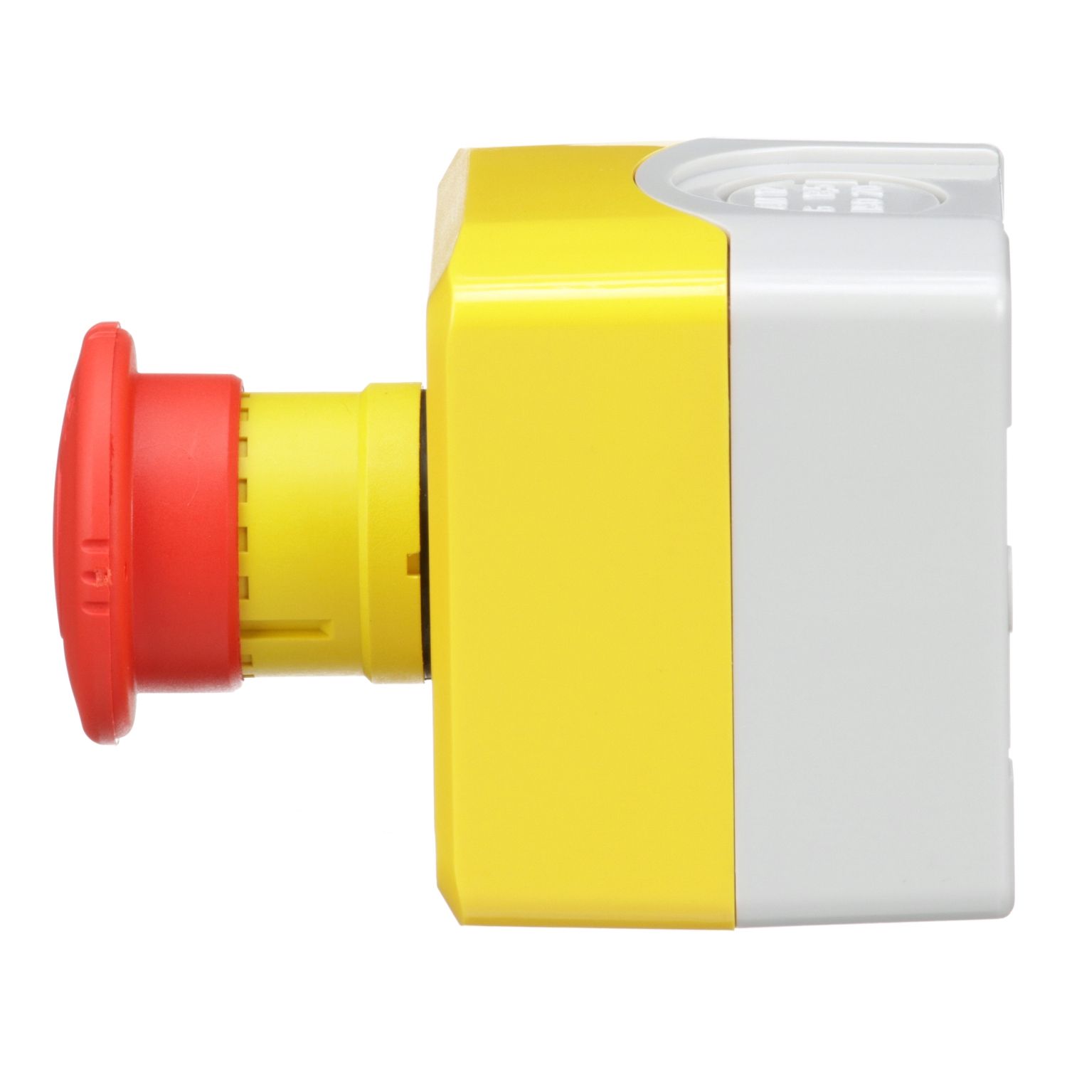 Picture of Control station, Harmony XALD XALK, plastic, yellow lid, 1 red mushroom push button 40mm, turn to release, 1NC
